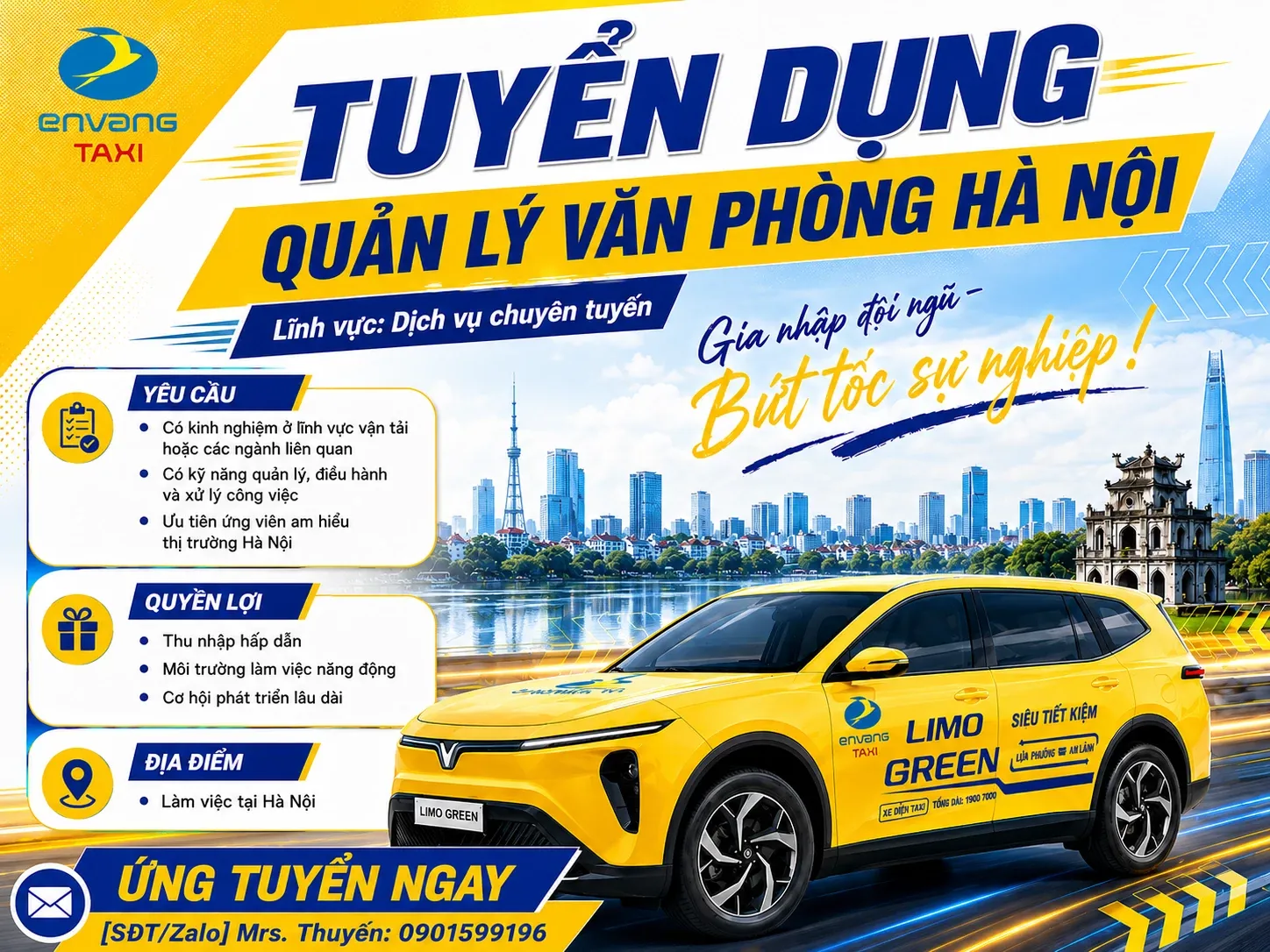 ÉN VÀNG TAXI TUYỂN DỤNG QUẢN LÝ VĂN PHÒNG HÀ NỘI